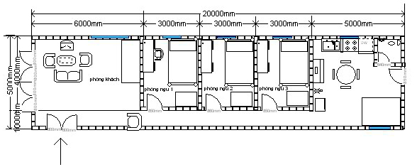Bản vẽ mẫu nhà cấp 4 5×20 gồm 3 phòng ngủ
